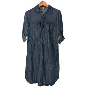 Neiman Marcus Lace Up Pull Tab Sleeve Tencel Collared Denim Chambray Mini Dress